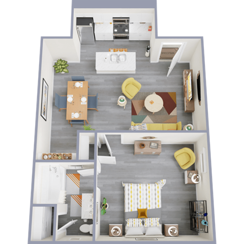 a 3d rendering of our 1 bedroom apartment at princeton court apartments in dallas